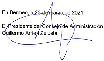 En Bermeo, a 23 de marzo de 2021. El Presidente del Consejo de Administración - Guillermo Arrien Zulueta